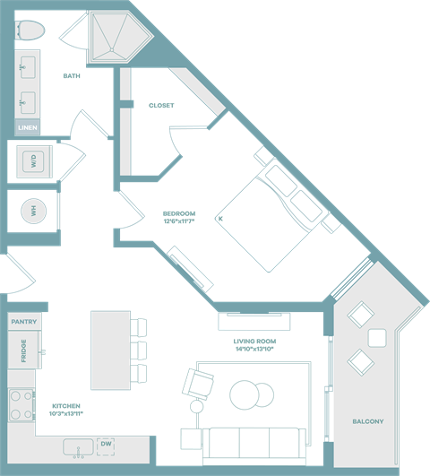Floor plan for 1 bed, 1 bath, 800 sqft